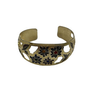 Vintage Gold Tone Floral Enamel Cut Outs‎ Cuff Bracelet Unsigned Fashion